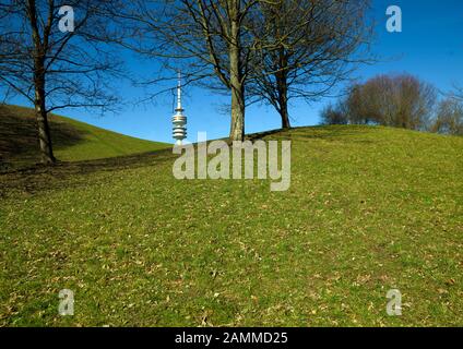 Frühling im Münchner Olympiapark: Das Bild zeigt den Blick über die Hügelkuppen des Olympia-Berges zum Fernsehturm. [Automatisierte Übersetzung] Stockfoto