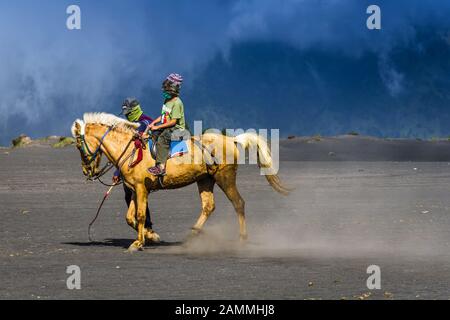 Touristen fahren mit dem Pferd am Mount Bromo, Der aktive Vulkan ist eine der meistbesuchten Touristenattraktionen in Ostjava, Indonesien. Stockfoto