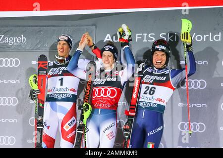 Zagreb, Kroatien - 5. Januar 2020: Preisverleihung des Audi Fis-Ski-Weltcup Mens Slalom, Snow Queen Trophäe 2020. Clement Noel, 2. Ram Stockfoto