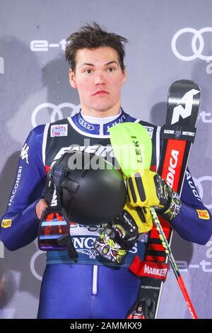 Zagreb, Kroatien - 5. Januar 2020 : der 3. Platzierte Alex Vinatzer aus Italien bei der Preisverleihung des Audi FIS Ski Weltcup Mens Slalom, Snow Q Stockfoto