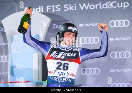 Zagreb, Kroatien - 5. Januar 2020 : der 3. Platzierte Alex Vinatzer aus Italien bei der Preisverleihung des Audi FIS Ski Weltcup Mens Slalom, Snow Q Stockfoto
