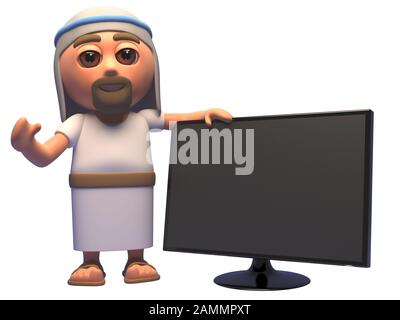 Cartoon 3d Jesus Christus Charakter neben einem Breitbildfernseher mit Flachbildschirm, 3D-Illustration Rendering Stockfoto