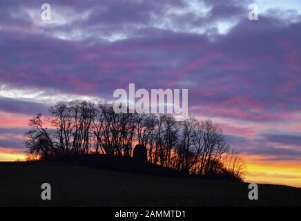 14. Januar 2020, Brandenburg, Frankfurt (oder): Am morgendlichen Himmel leuchten bunte Wolken über einem kleinen Waldgebiet mit dem Bismarckturm im Landkreis Booßen. Foto: Patrick Pleul / dpa-Zentralbild / ZB Stockfoto