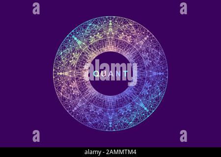 Wissenschaftliche Vektorillustration Quantencomputertechnologie. Plexus-Fiktion-Effekt. Tiefes Lernen künstlicher Intelligenz. Big-Data-Algorithmen Stock Vektor