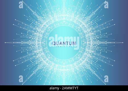 Wissenschaftliche Vektorillustration Quantencomputertechnologie. Plexus-Fiktion-Effekt. Tiefes Lernen künstlicher Intelligenz. Big-Data-Algorithmen Stock Vektor