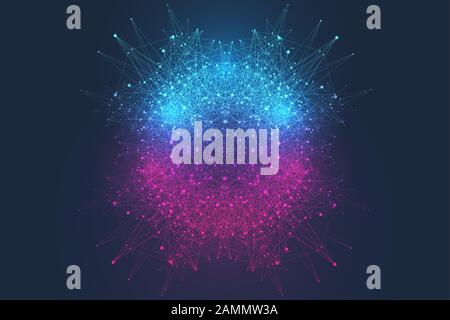 Wissenschaftliche Vektorillustration Quantencomputertechnologie. Plexus-Fiktion-Effekt. Tiefes Lernen künstlicher Intelligenz. Big-Data-Algorithmen Stock Vektor