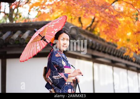 Geishas Mädchen mit japanischen kimono unter roten Holz- Tori Gate bei Fushimi Inari Schrein in Kyoto, Kimono ist ein traditionelles japanisches Gewand. Das Wort " Stockfoto