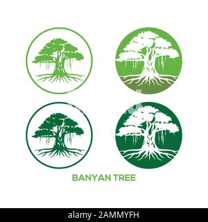Baumvektorillustrationen, Wurzeln, MANGROVENBAUMVEKTOR isoliert. Banyan Logo Konzept für Ihr Unternehmen Stock Vektor
