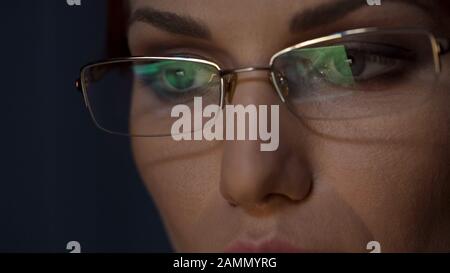 Notebook-Bildschirm in Brille, weibliche Arbeit am Computer, Konzentration Stockfoto