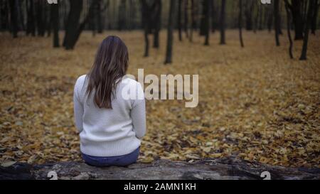 Verärgerte Frau, die im Herbstpark sitzt, Melancholie, Depression, Einsamkeit Stockfoto