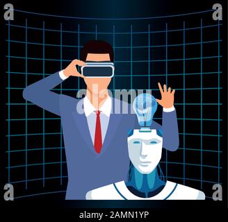Künstliche Intelligenz Technologie Mann mit vr-Brille und Cyborg mit menschlichem Gehirn Stock Vektor