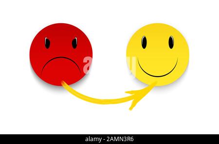 Wütende Emoticon, lächelndes Gesicht isoliert auf weißem Hintergrund Stockfoto