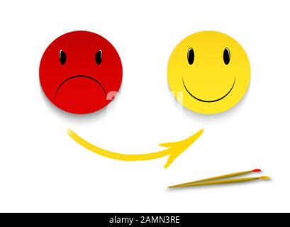 Wütende Emoticon, lächelndes Gesicht isoliert auf weißem Hintergrund Stockfoto