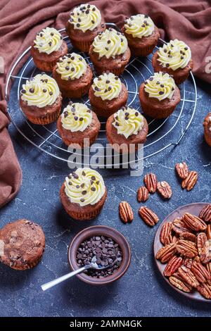 Schokoladenpecan Cupcakes mit Buttercremefarben-Verwirbelung auf einem Metallkuchenregal auf einem Betontisch, vertikale Ansicht von oben Stockfoto
