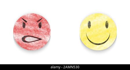Wütende Emoticon, lächelndes Gesicht isoliert auf weißem Hintergrund Stockfoto