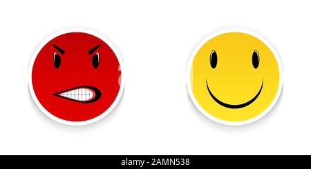 Wütende Emoticon, lächelndes Gesicht isoliert auf weißem Hintergrund Stockfoto