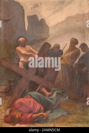 Como, ITALIEN - 8. MAI 2015: Das Gemälde - Fall Jesu unter dem Kreuz in der Kirche Santuario del Santissimo Crocifisso als Teil der Via Crucis. Stockfoto