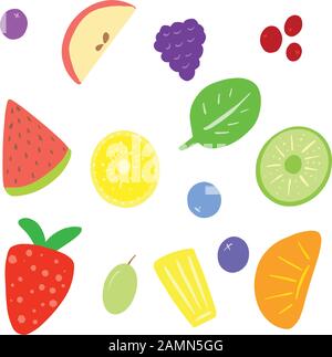 Eine Sammlung Einfacher Cartoon Vector Slices of Fruit Strawberry, Orange, Grape, Watermelon, Blueberry, Kiwi Illustration Stock Vektor