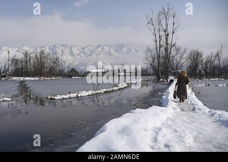 Eine Kaschmiri-Frau läuft nach dem frischen Schneefall in Srinagar auf schneebedeckte Holzbrücke.Aufgrund der starken Schneefälle in den letzten 48 Stunden gab es mehrere Lawinen, in denen mindestens 4 indische Armeesoldaten und 5 Zivilisten Im indianischen Kaschmir ermordet wurden. Stockfoto
