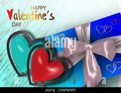 Glücklicher Valentinstag. Valentinspaar. Realistisches blaues und rotes Herz in einem Metallrahmen. Realistische Geschenkbox mit Satin-Schleife. Grußkarte, Geschenkplakat, Holid Stock Vektor