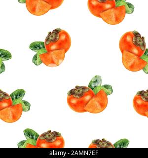 Persimmon Fruit handgezeichnetes, nahtloses Muster mit Wasserfarben. Stockfoto