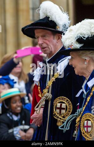 Garter Ceremony, Windsor Castle, Berkshire, Großbritannien. Juni 2014. Jedes Jahr Nehmen Ihre Majestät die Königin, Mitglieder der britischen Königsfamilie und Ritter des Strumpfes an der historischen Strumpfband-Zeremonie in St George's Chapel, Windsor Castle, Teil. Abgebildet ist der Herzog von Kent. Kredit: Maureen McLean/Alamy Stockfoto