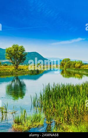 Schönen Fluss Gacka fließt zwischen grünen Feldern, Sommer, Lika, Kroatien Stockfoto