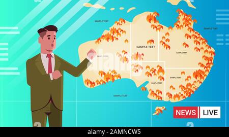 Die neueste Reporterjournalistin live Bordcasting-Karte von Australien mit Symbolen für Buschfeuer saisonale Wildbrände trockene Wälder brennend globale Erwärmung Naturkatastrophen Konzept Porträt flache Vektorgrafiken Stock Vektor