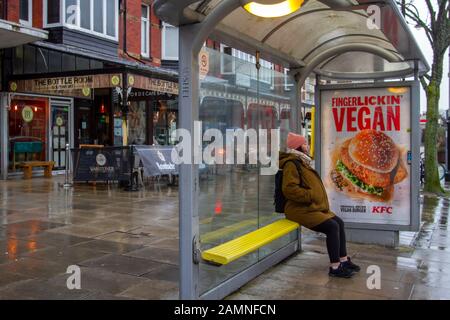 Vegetarismus, vegan, vegetarisch, Veganismus, vegane Diät-Lebensmittel; Adshel-Busstation, die KFC veganes Burger-Essen in der Lord Street, Southport, Großbritannien, wirbt Stockfoto