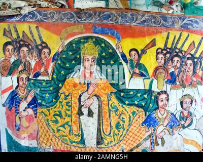 Erzählung religiöse Wandbilder in Uhra Kidane Mehret, das sich auf der Halbinsel Zeghe gegenüber von Bahar dar befindet. Äthiopien Stockfoto