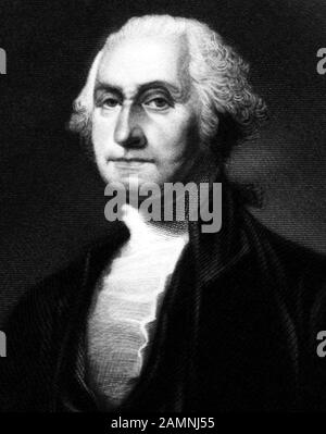 Jahrgangsporträt von George Washington (1732 - 1799) - Kommandeur der kontinentalen Armee im amerikanischen Revolutionären Krieg/Unabhängigkeitskrieg (1775 - 1783) und erster US-Präsident (1789 - 1797). Detail aus einem Druck um das Jahr 1876 von T S Arthur & Son of Philadelphia aus einer Gravur von J R Rice. Stockfoto