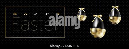 Frohe Ostern Schrift Hintergrund mit realistischen golden Glitter verziert Eier, Konfetti, goldenen Pinsel Splash. Vector Illustration für Grußkarte Stock Vektor