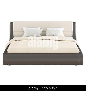 Ein großes, weiches, braun-beigefarbenes Doppelbett mit Kopfkissen und einer Decke auf weißem Hintergrund. Vorderansicht. 3D-Rendering Stockfoto