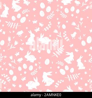 Süßes, handgezeichnetes easter Seamless Muster, farbenfroher Frühlingshintergrund mit Häschen, ostereiern, Blumen, Schmetterlingen - ideal für Textilien, Banner und Wal Stockfoto