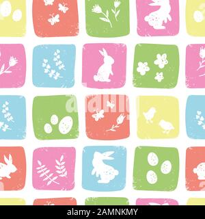 Süßes, handgezeichnetes easter Seamless Muster, farbenfroher Frühlingshintergrund mit Häschen, ostereiern, Blumen, Schmetterlingen - ideal für Textilien, Banner und Wal Stockfoto