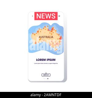 Karte von Australien mit Symbolen für Buschfeuer auf dem Smartphone-Bildschirm saisonale Flächenbrände globale Erwärmung Naturkatastrophen Konzept online mobile App Flatcopy Space Vector Illustration Stock Vektor