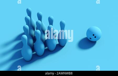 Skittles und Bowling Ball. Sport- und Freizeithobbykonzept. 3D-Renderbild in flacher Lage. Pantone klassische blaue Palette. Stockfoto