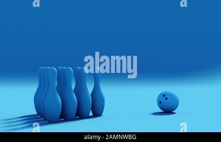 Skittles und Bowling Ball. Sport- und Freizeithobbykonzept. 3D-Renderbild in flacher Lage. Pantone klassische blaue Palette. Stockfoto