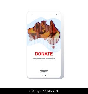 Tiere aus Waldbränden Wildfeuer Buschfeuer Naturkatastrophen beten für Australien Spenden Konzept Karte Form Smartphone Bildschirm mobile App Kopieren Raum Vektor Illustration Stock Vektor