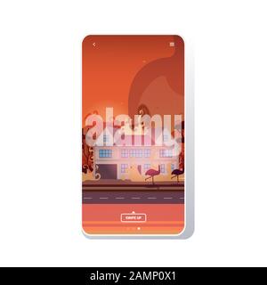 Tiere, die von Waldbränden in australien fliegen Wildbrände Häuser Natur Katastrophenkonzept intensiv Orange Flammen Smartphone-Bildschirm mobile App Vektordarstellung Stock Vektor