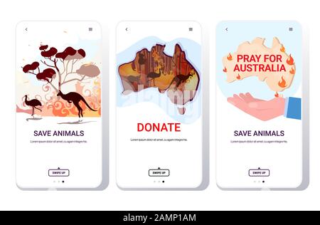 Set Forest Fires Wildfire Bushfire Natural Disaster Pray for Australia Save Animals Concept Smartphone Screens Collection Mobile App horizontal Copy Space Vector Illustration Stock Vektor