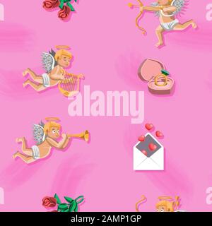 Nahtloser Hintergrund Cupid Angels Ring Heart Letter Rose auf rosa Hintergrund. Vektorbild. Cartoon. Stock Vektor