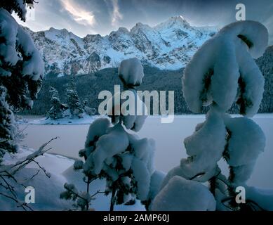 Schnee Eibsee und Zugspitze im perfekten Licht Stockfoto