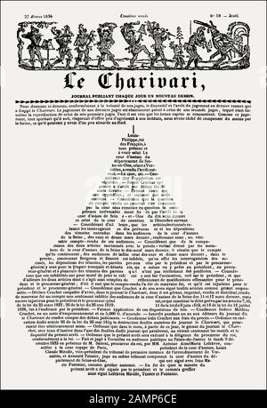 Titelseite mit dem Urteil gegen einen Redakteur in Birnenform, die Zeitschrift Le Charivari, 1834 Stockfoto