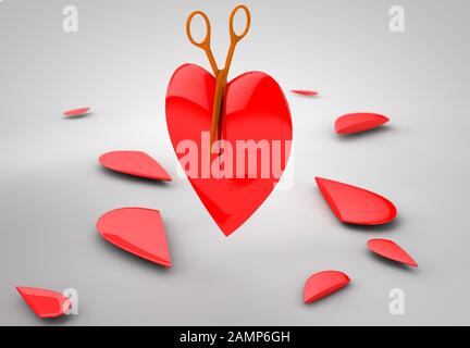 Das Herz wird mit einer Schere geschnitten. 3D-Rendering Stockfoto