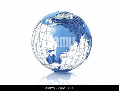Erdglobus stilisiert mit Metallgitter. Ansicht Südamerika. Auf weißem Hintergrund mit einer Reflexion auf der Oberfläche. Stockfoto