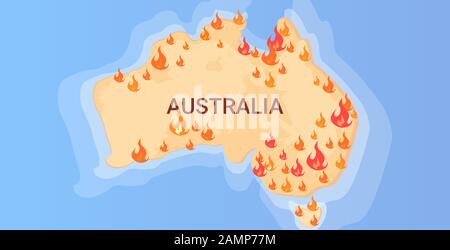 Karte von Australien mit Symbolen von Buschfeuern saisonale Wildbrände trockene Wälder brennende globale Erwärmung Naturkatastrophen Konzept flache horizontale Vektorgrafiken Stock Vektor