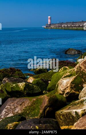 Porto, PORTUGAL - MAI 2018: Menschen, die einen sonnigen frühen Frühlingstag bei den Farolins da Barra do Douro an der schönen Küste von Porto nahe dem Douro RI genießen Stockfoto