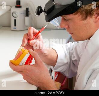 Zahntechniker, Zahntechnik, Modellierung an Unterkieferpartialhärenten mit Wachs, Deutschland Stockfoto