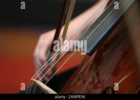 Nahaufnahme von einem Cello gespielt wird. Stockfoto